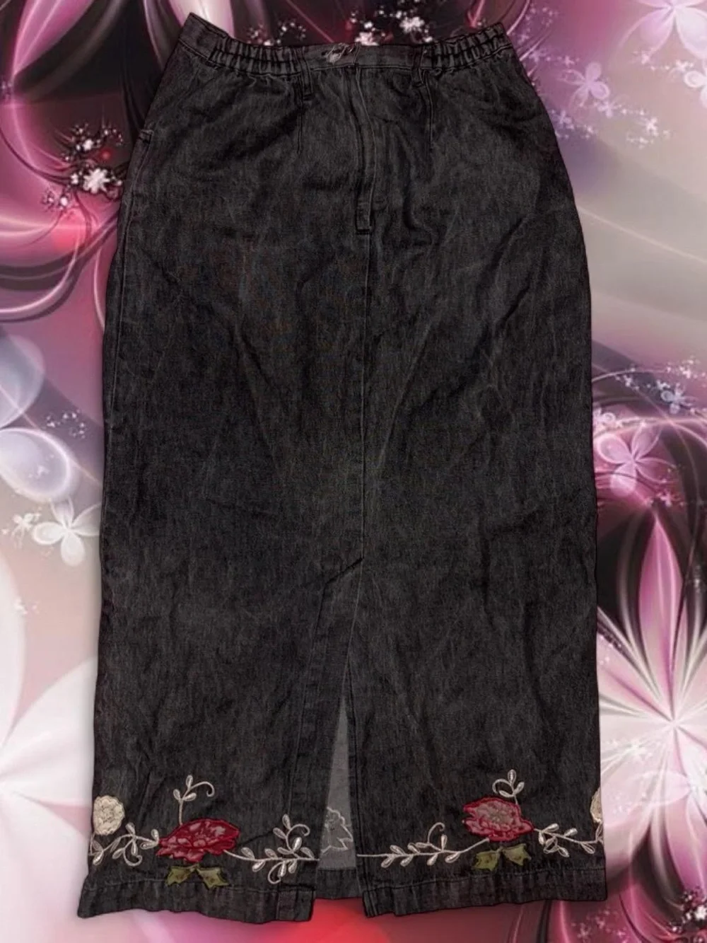 vtg 90s embroidered denim maxi skirt - denim & co, 100% cotton, sz xs